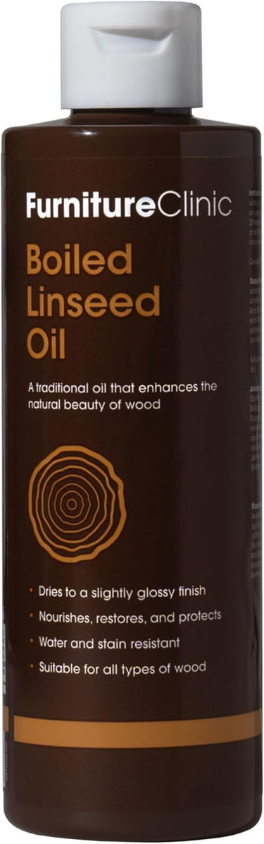Aceite Natural de Linaza Cocido para Madera de Furniture Clinic, Interiores y Exteriores – Barniz de Aceite de Linaza Refinada - Protege, Trata, Repara e Hidrata las Superficies de Madera, Piedra y Metal: Muebles, Hogar y Jardín - 250ml